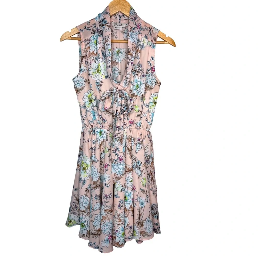 Molly Bracken Floral Tie Neck Mini Dress Womens Size S Pink Sleeveless Fit Flare